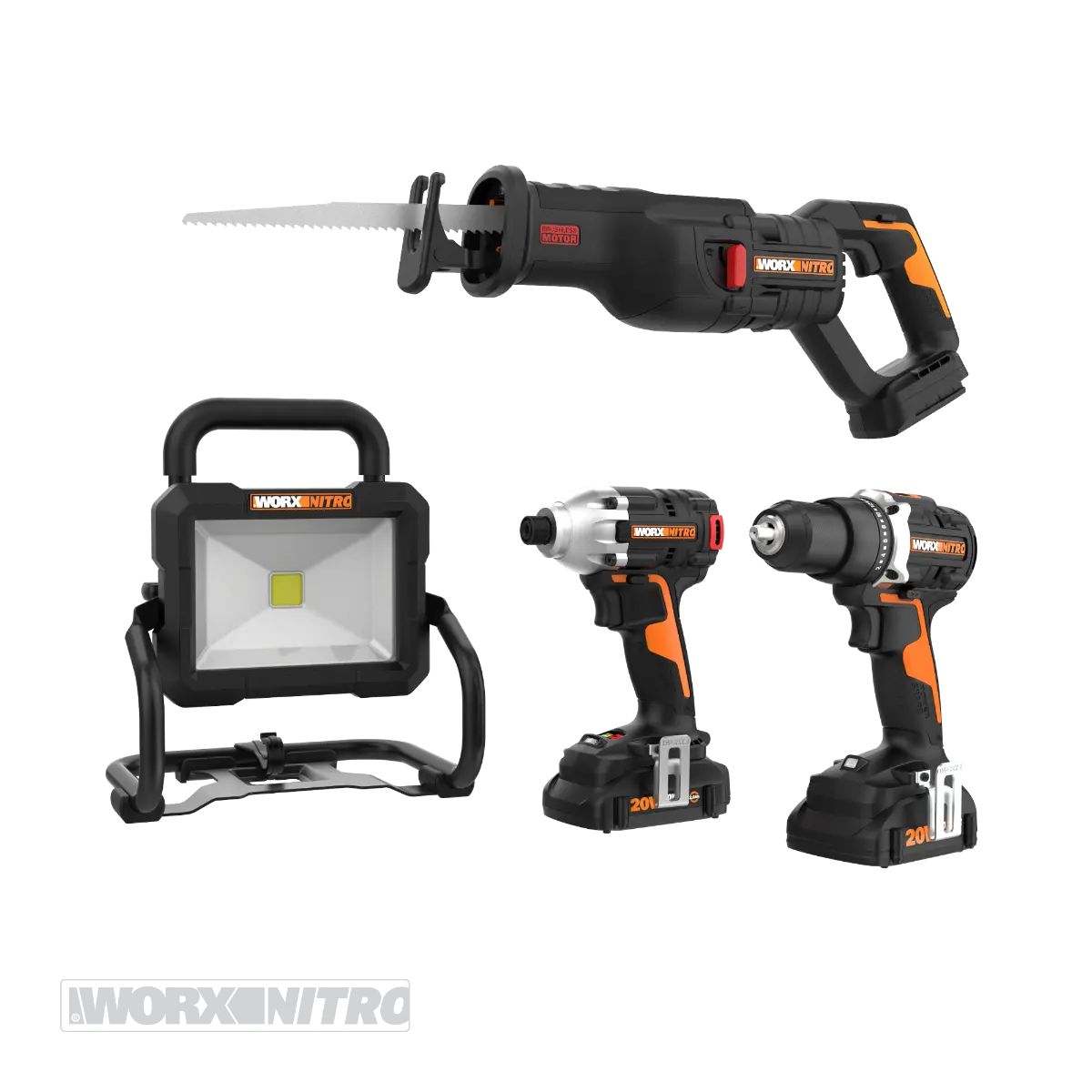 Nitro 20V Impact Driver, Drill/Driver, Reciprocating Saw, and LED Work Light Combo Kit Nitro 20V Impact Driver, Drill/Driver, Reciprocating Saw, and LED Work Light Combo Kit